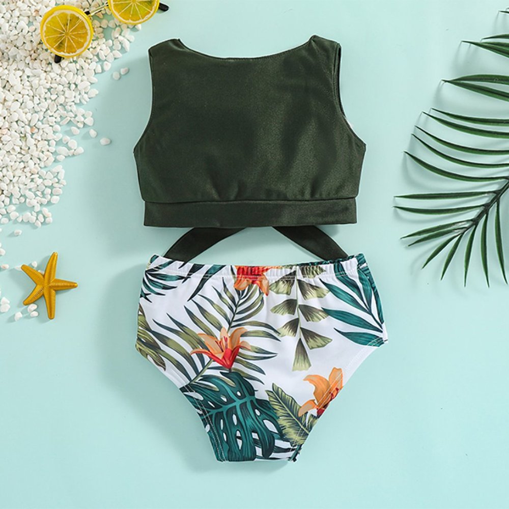 Green Tropical Floral Bikini Set 2pcs Little Girl Tankini Swimsuit
